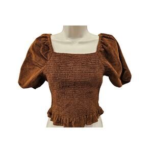American Eagle S chocolate brown corduroy puff sleeve crop top EUC old money y2k